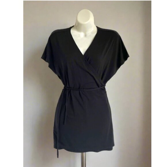 Eileen Fisher Wrap Top Medium Black V-Neck Short Sleeve Jersey Boxy Blouse Ties - Picture 1 of 7